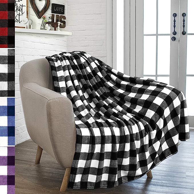 PAVILIA Buffalo Plaid Throw Blanket for Sofa Couch | Soft Flannel Fleece White Black Checker Plai... | Amazon (US)