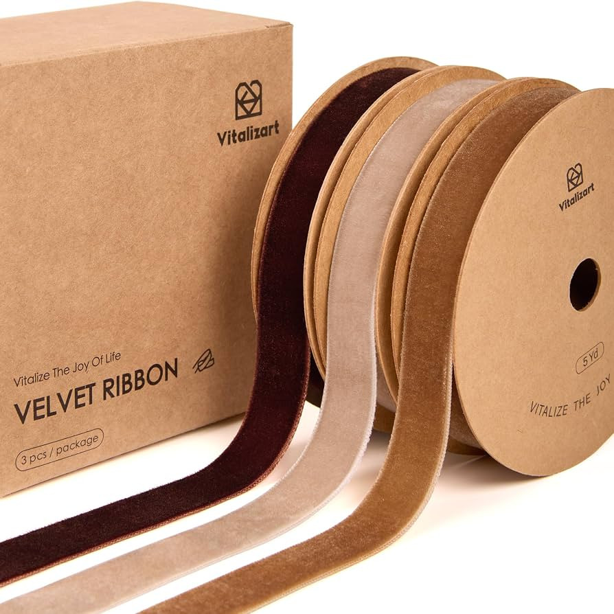 Vitalizart Brown Velvet Ribbon 5/8" Christmas Ribbon Set Plush Texture | Amazon (US)