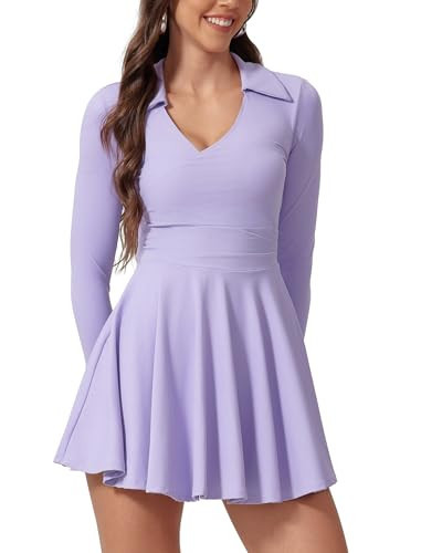 ABOCIW Athletic Dress for Women Collar V Neck Ruched Waist Long Sleeve Tennis Dress with Shorts A-line Mini Exercise Workout Golf Dresses Purple Large | Amazon (US)