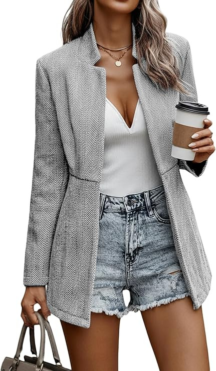 Mina Self 2025 Fall Winter Women's Herringbone Blazer Jackets - Notch Lapel Open Front Long Busin... | Amazon (US)