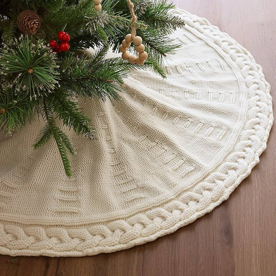 36 Inch Christmas Tree Skirt: Pencil Tree Skirt for 6FT Tree, Braided Cable Knit Cream White Smal... | Amazon (US)