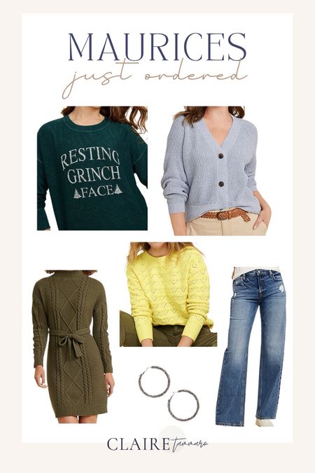 Maurices skinny and wide leg jeans, resting Grinch face sweater perfect for the holidays, yellow open stitch sweater, olive cable knit sweater dress, light heather gray cardigan, shimmer cardigan ✨

#LTKfindsunder50 #LTKstyletip #LTKmidsize