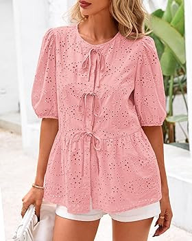 KIRUNDO Womens Tops Dressy Casual Tie Front Shirts Short Lantern Sleeve Hollow Out Lace Embroider... | Amazon (US)
