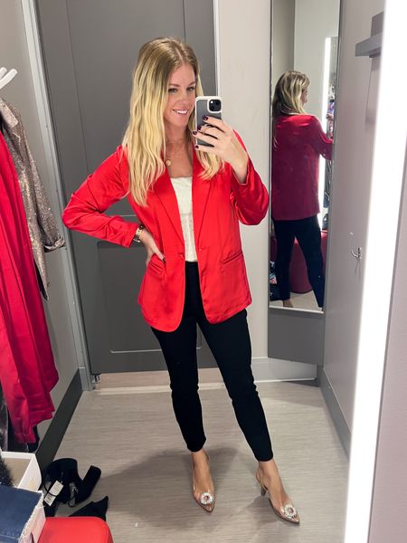 Target holiday pieces are so good! Love the red silk blazer! Wearing size XS. Size S in the corset rhinestone tank top- fits a bit cropped. Shoes fit true to size  

#LTKHoliday #LTKSeasonal #LTKparties