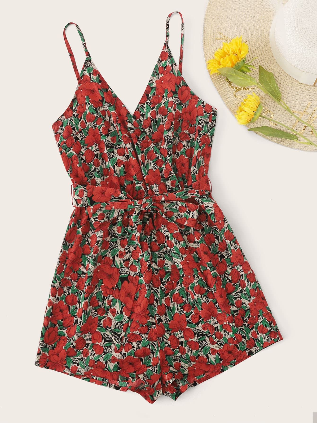 SHEIN Surplice Neck Belted Floral Print Cami Romper | SHEIN