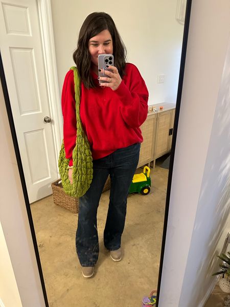 My attempt at a festive outfit to go see Santa today. Amazon pullover - a favorite, flare jeans, comfy boots & Amazon free people lookalike quilted bag  

#LTKstyletip #LTKsalealert #LTKitbag