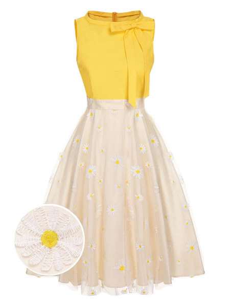 [US Warehouse] Yellow 1950s Daisy Bowtie Patchwork Dress | Retro Stage