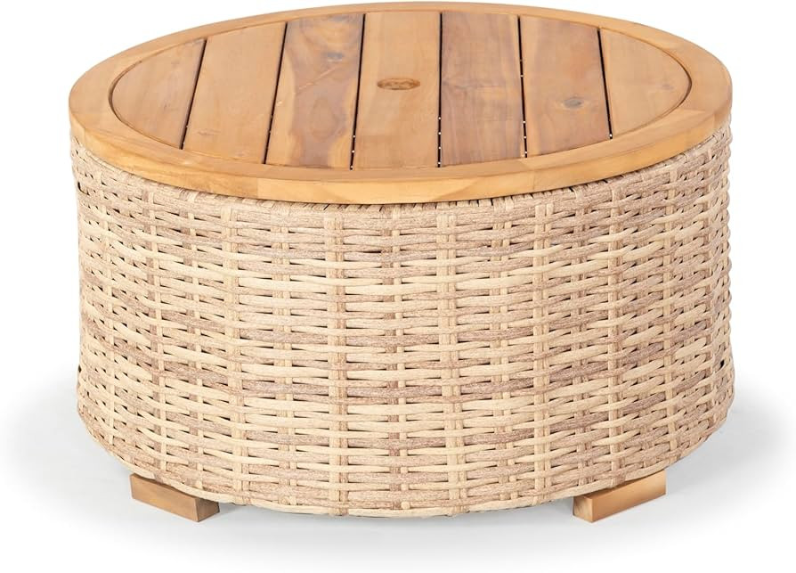 SAFAVIEH Couture Outdoor - Anguilla Round Wicker Coffee Table - Solid Wood and Aluminum - Coastal... | Amazon (US)