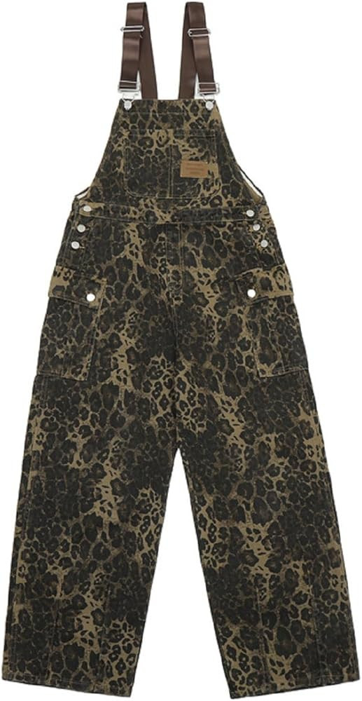 COOLMONAR Women's Y2K Leopard Print Jeans Overall Chic Streetwear Baggy Wide Leg Jumpsuit Retro H... | Amazon (US)