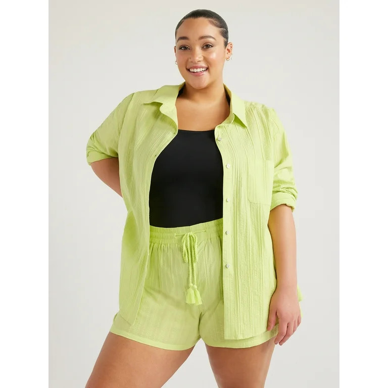 Time and Tru Women's and Women's Plus Cotton Button Front Coverup Shirt, Sizes XS-3X | Walmart (US)