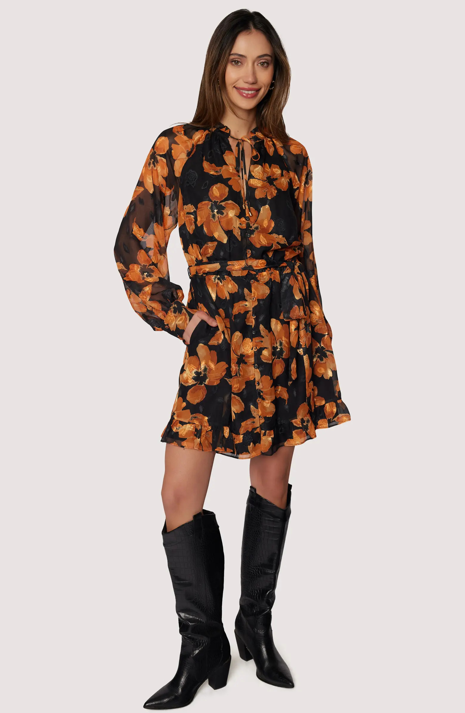 Golden Rendezvous Floral Print Long Sleeve Minidress | Nordstrom