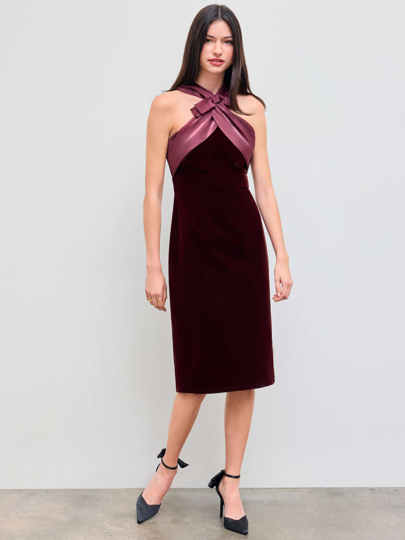 Velvet Halter Neckline Two Tone Bowknot Midi Dress | Cider