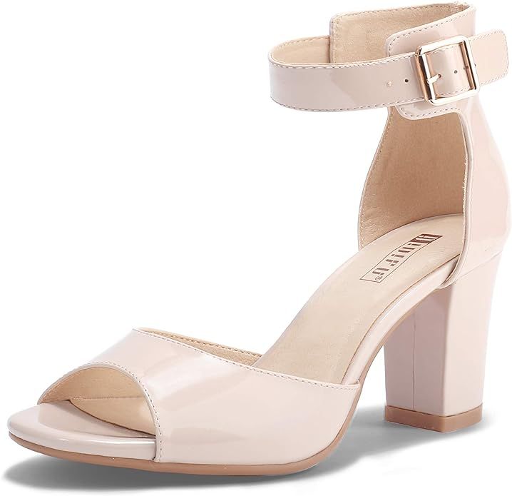 IDIFU Women's Candie-MI Peep Toe Low Block Heels Sandals Ankle Strap Comfy Chunky Wedding Dress S... | Amazon (US)