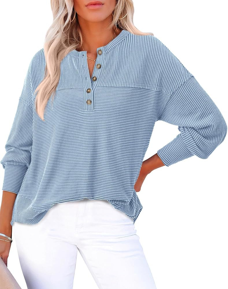 KIRUNDO Womens Tops Casual Ribbed Knit Long Sleeve Henley Shirts Button V Neck Curved Split Hem L... | Amazon (US)