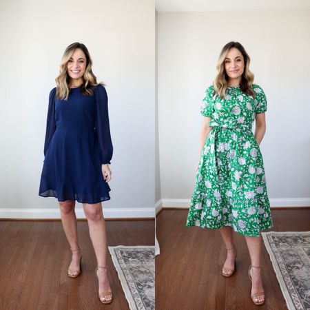 J.crew Factory navy dress: petite 00 (shown in green)
J.crew Factory green dress: petite 00 (unfortunately this dress is sold out in most sizes. Linking some of their new arrivals - I love their petite dresses in general). 

#LTKSeasonal