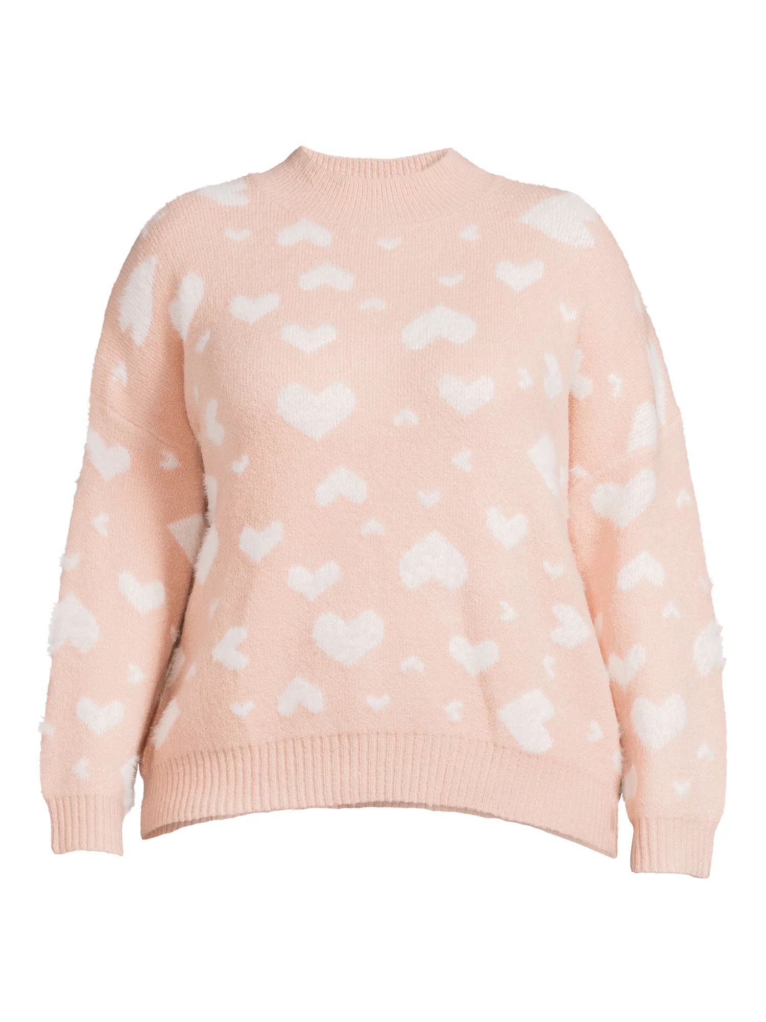 Dreamers by Debut Fuzzy Heart Mock Neck Pullover Sweater - Walmart.com | Walmart (US)