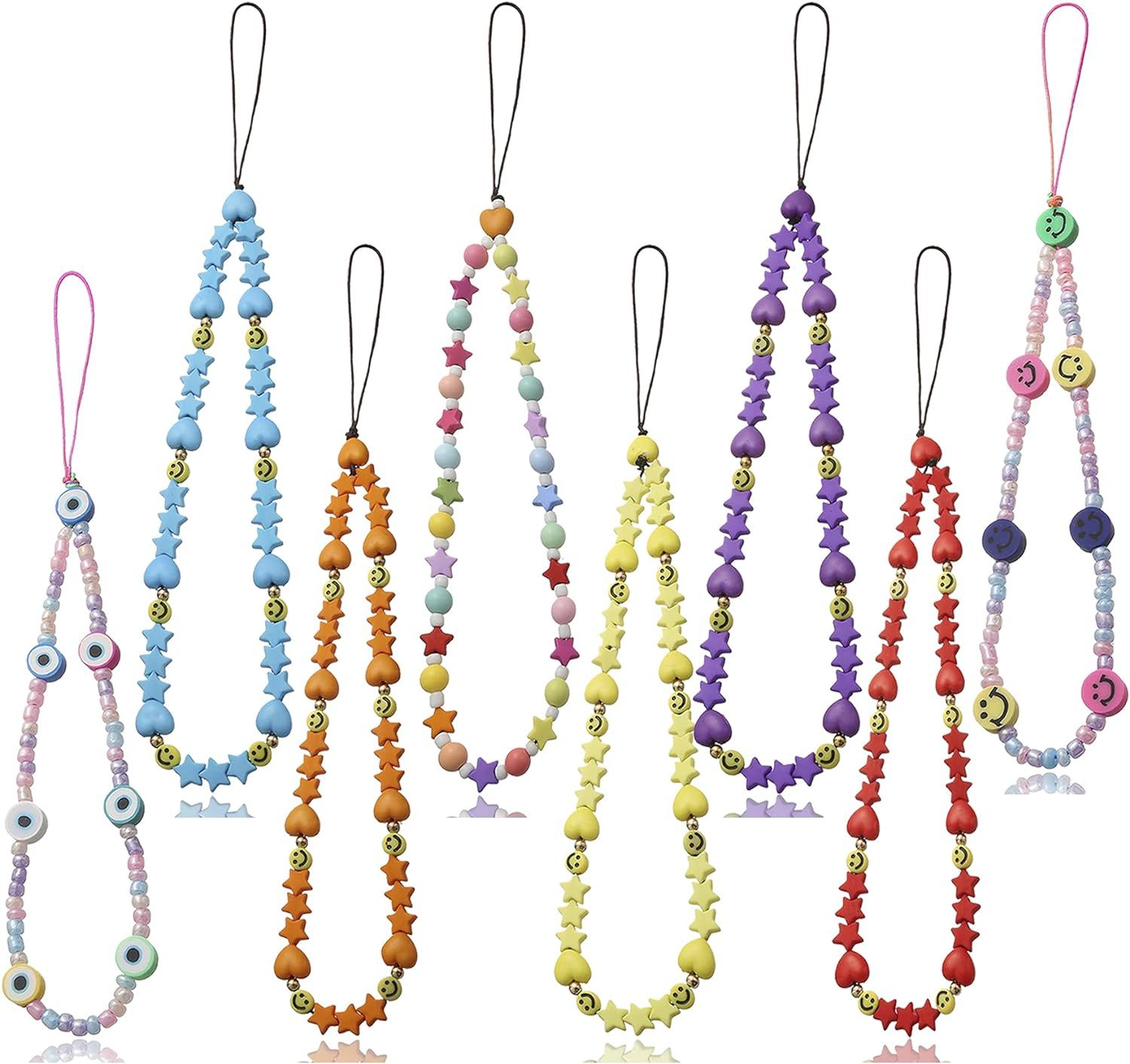 6PCS Beaded Phone Lanyard Wrist Strap Face Beaded Phone Charm Fruit Star Pearl Rainbow Color Bead... | Amazon (US)