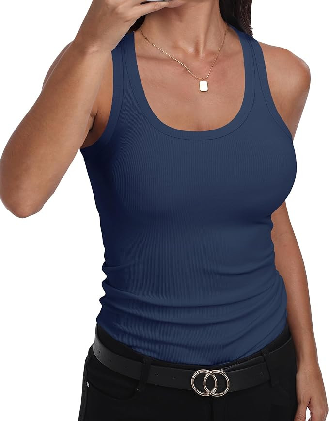 GEMBERA Womens Scoop Neck Sleeveless Racerback Ribbed Knit Slim Fitted Basic Tank Top Shirt | Amazon (US)