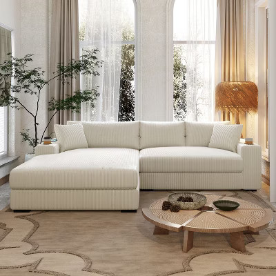 Christopher Knight Home Tess Oversized Corduroy Upholstered Sectional Sofa with Charging Ports and Cup Holders, Beige | Target