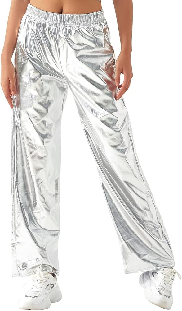 ODIZLI Womens Shiny Metallic High Waist Stretchy Jogger Pants Holographic Hip Hop Club Wear Stree... | Amazon (US)