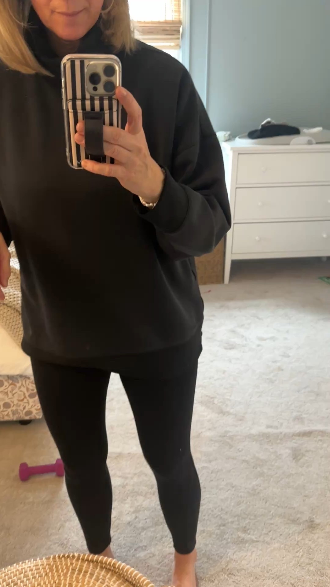 The most flattering spanx leggings are still on super sale. Pair with a loungewear turtleneck sweatshirt and it’s a go-to mom outfit 