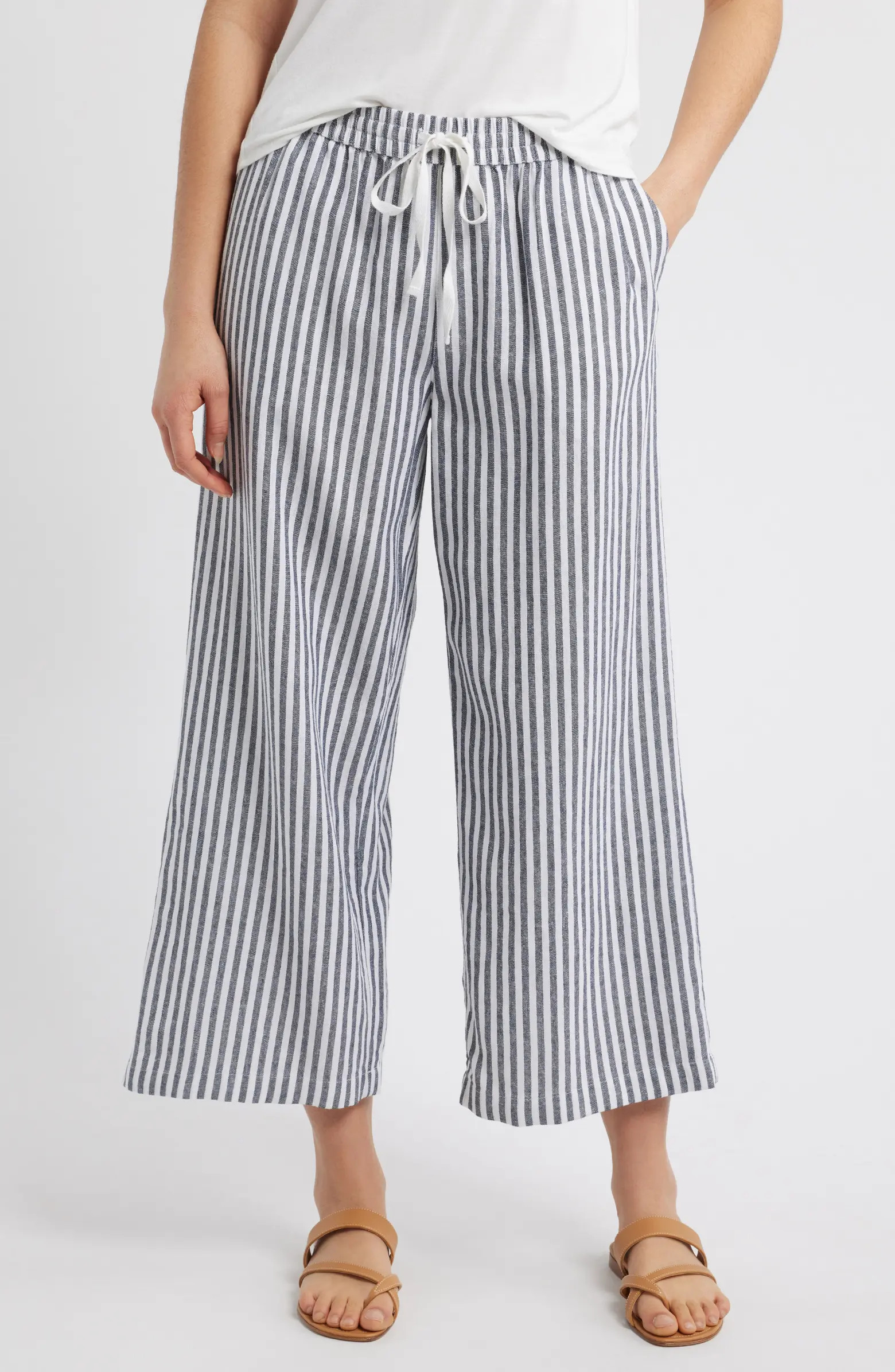 Stripe Drawstring Wide Leg Linen Blend Pants | Nordstrom