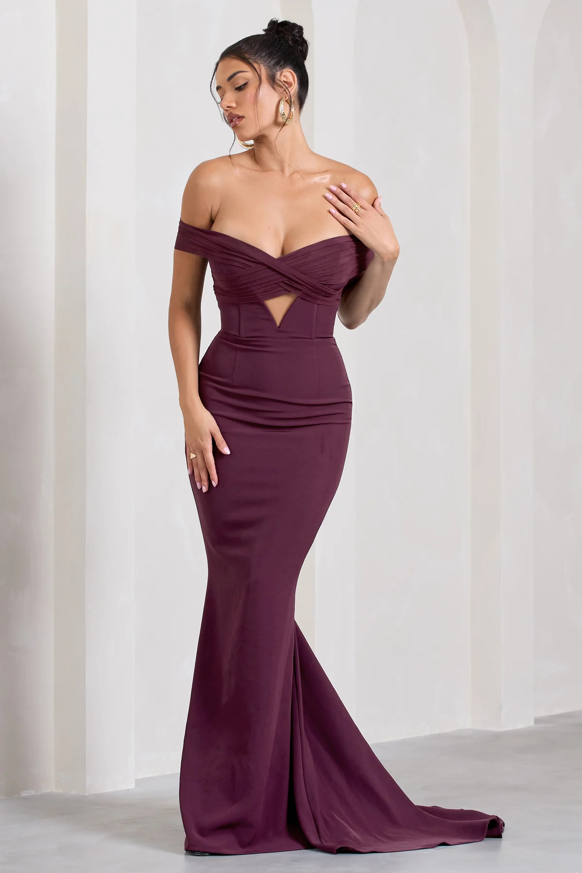 Inspiration | Burgundy Sheer Bardot Fishtail Maxi Dress | Club L London