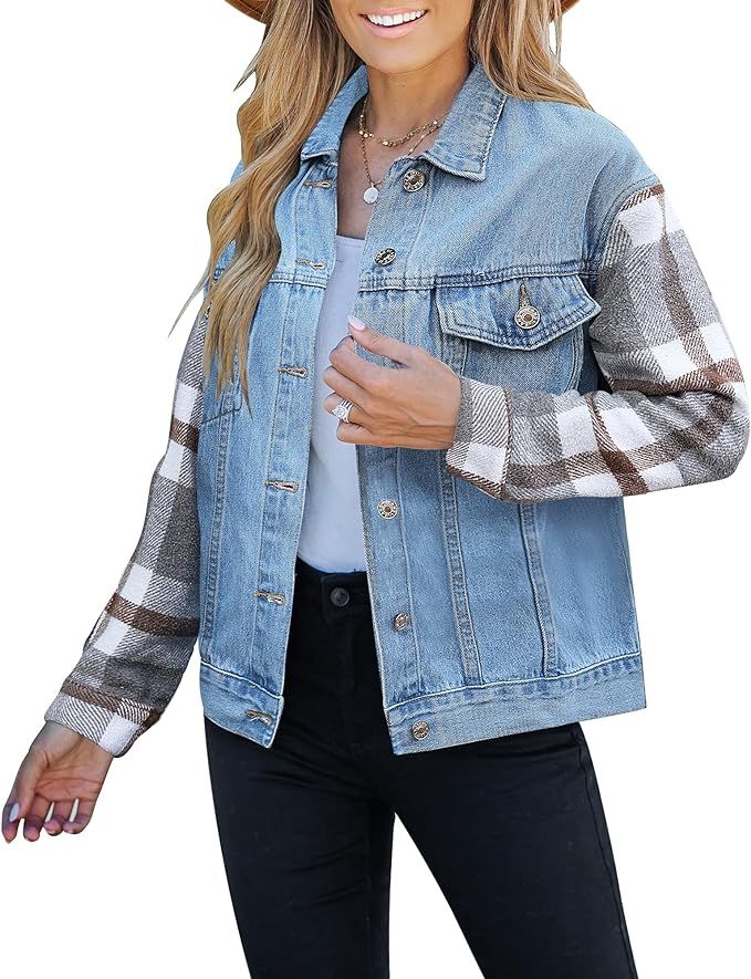 luvamia Jean Jackets for Women Fashion Flannel Plaid Shacket Jacket Oversized Button Down Trucker... | Amazon (US)