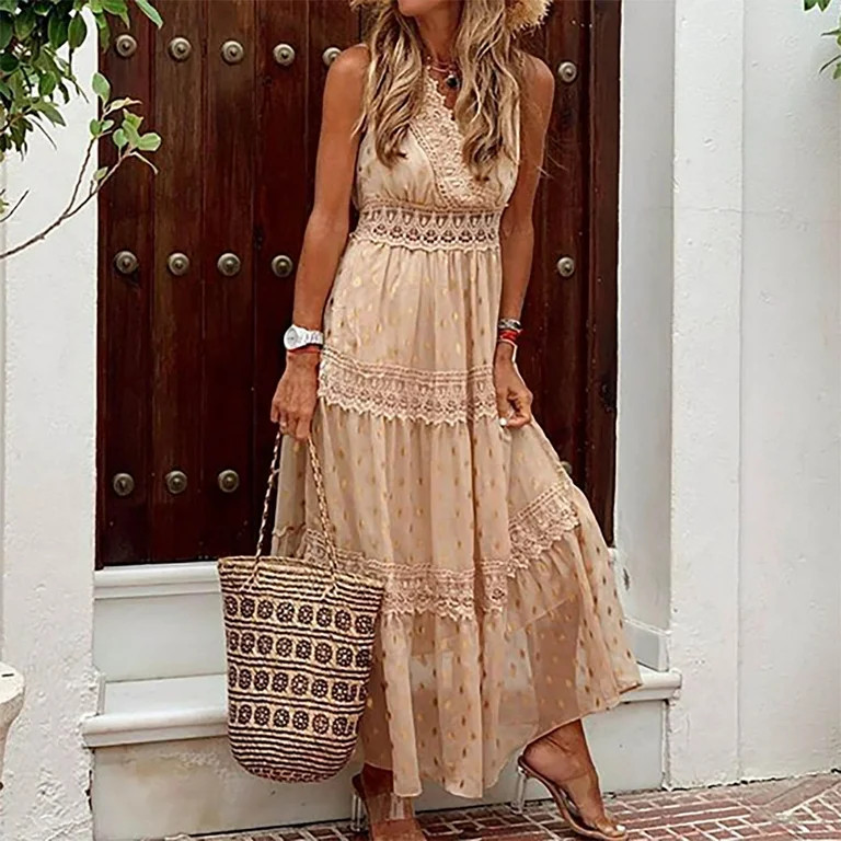 KONBECA Women's Maxi Dress, Wedding Guest Dress for Photoshoot, Lace Patchwork Vest Long Dress, S... | Walmart (US)