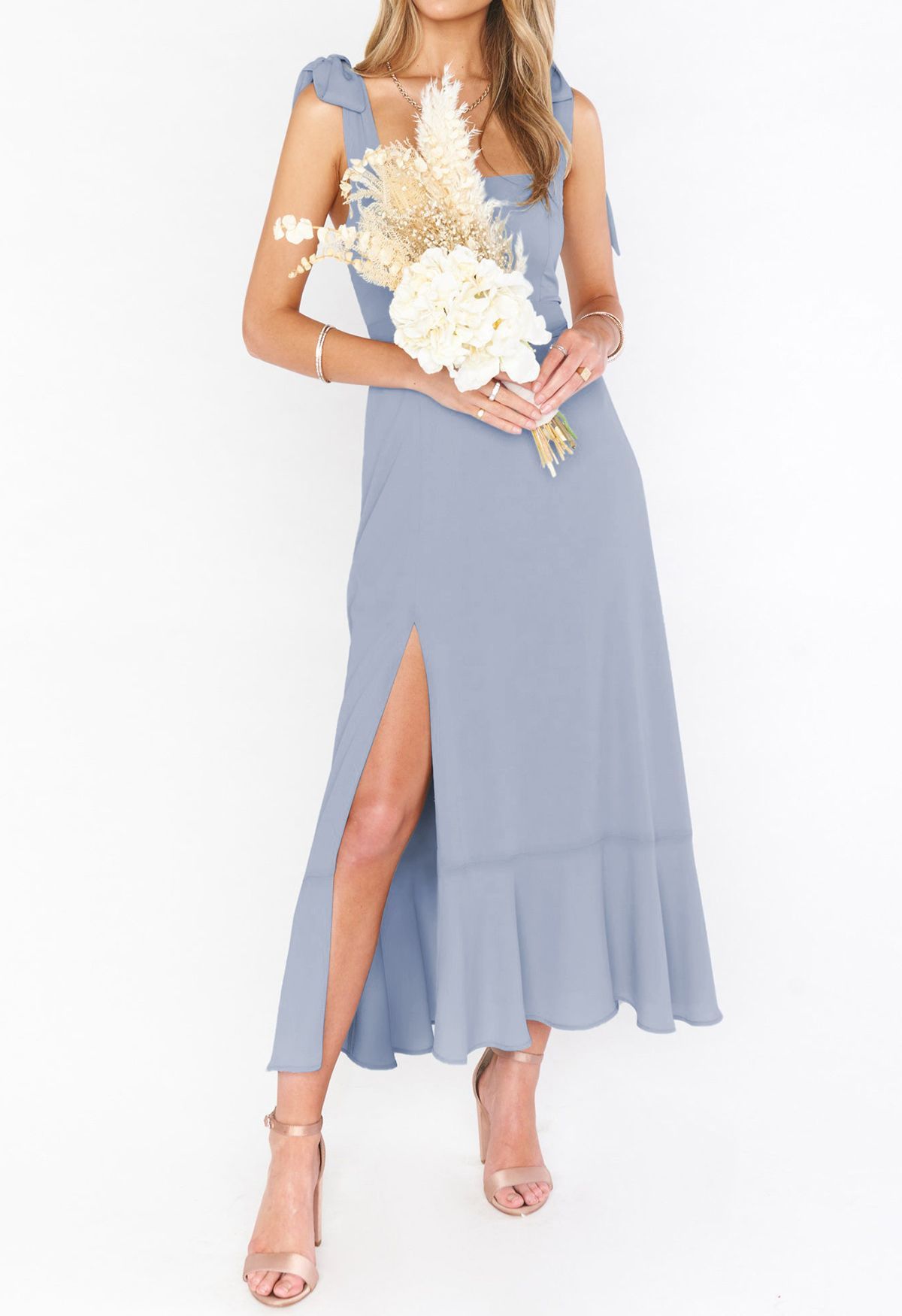 Ruffle Hem Tie-Shoulder Cami Dress in Dusty Blue | Chicwish