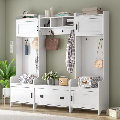 Modular White 4-in-1 Hall Tree with Storage Bench, 7 Hooks and Cabinets, Freely Combined Flexible Entryway Coat Rack Organizer-3irtyhousy | Target
