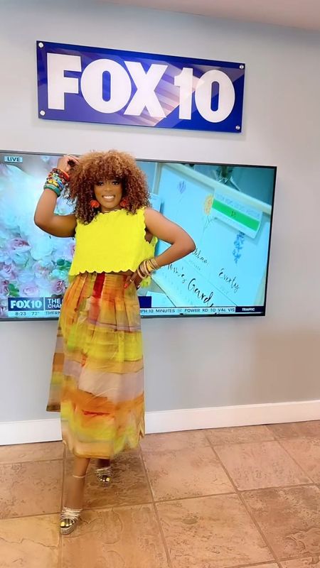 Summer Outfit or debut Fox 10 News outfit up in here! Loved pairing the neon colors together for this tv style look discussing color analysis! 
Definitely nipple covers for this open backed crop top & all the colors blended so well with a pop of orange on the ears from my girl @aylajanedesigns 

#LTKbrasil #LTKVideo #LTKstyletip