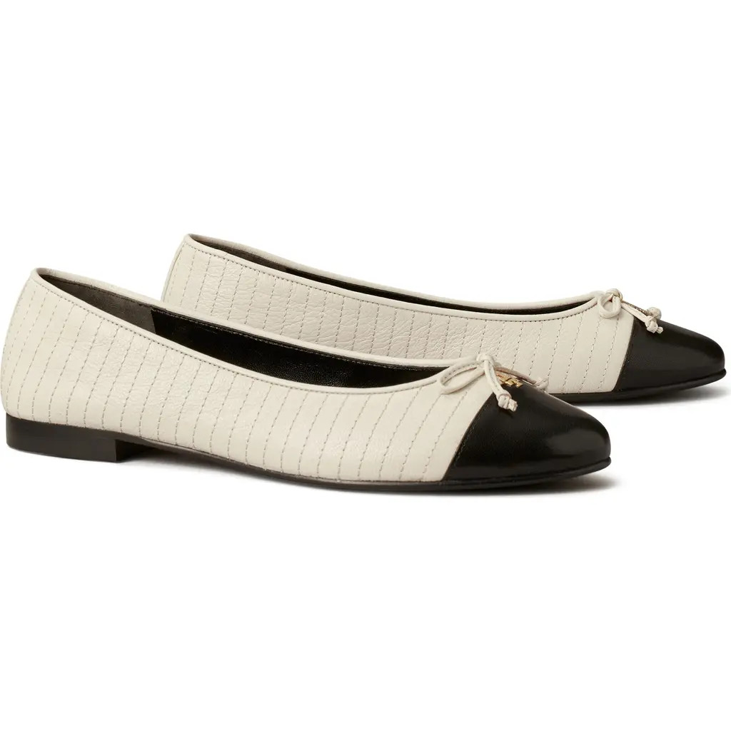 Tory Burch Quilted Cap Toe Ballet Flat in Light Cream /Perfect Black at Nordstrom, Size 9.5 | Nordstrom