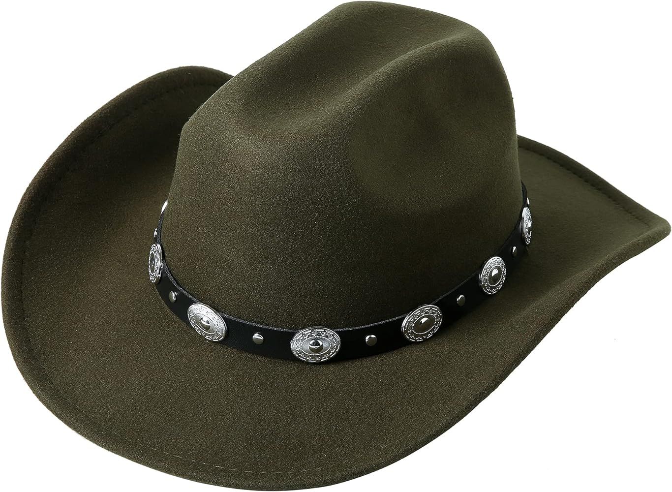 Lanzom Women Men Western Cowboy Cowgirl Hat Fedora Outdoor Felt Wide Brim Hat with Belt Buckle | Amazon (US)