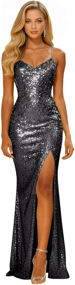 Women's Sparkly Sequin Prom Dress Long Mermaid Evening Gown High Slit V-Neck Spaghetti Straps For... | Amazon (US)