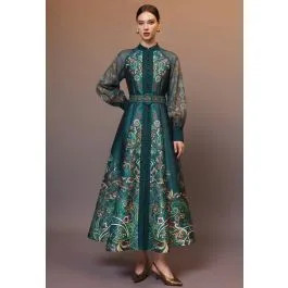 Noble Paisley Button-Up Belted Maxi Dress in Emerald for Bohemian Festivals & Evening Occasions | Chicwish