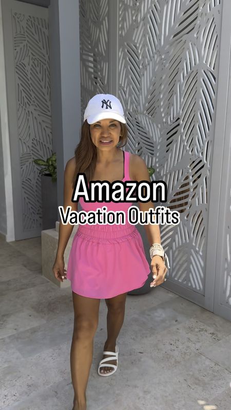 Rompers to pack for your next vacation. All easy to pack. 
1st romper: in small, has built in biker shorts, perfect for working out too. Color is called Red Hot Pink. 
2nd romper: in small. Can be a swim cover up, color is Olive. Cami I wore with it in small(comes in 4-pack). 
3rd romper in small, shoulder toes; can be a swim cover up, color is Light Blue.
Sandals fit tts. All accessories are linked.
Vacation outfits, spring break, summer vacation, beach vacation, pool, Amazon finds, sightseeing, excursion, cruise outfits, Europe travel, Mexico travel, short overalls. 

#LTKfindsunder50 #LTKtravel #LTKswim