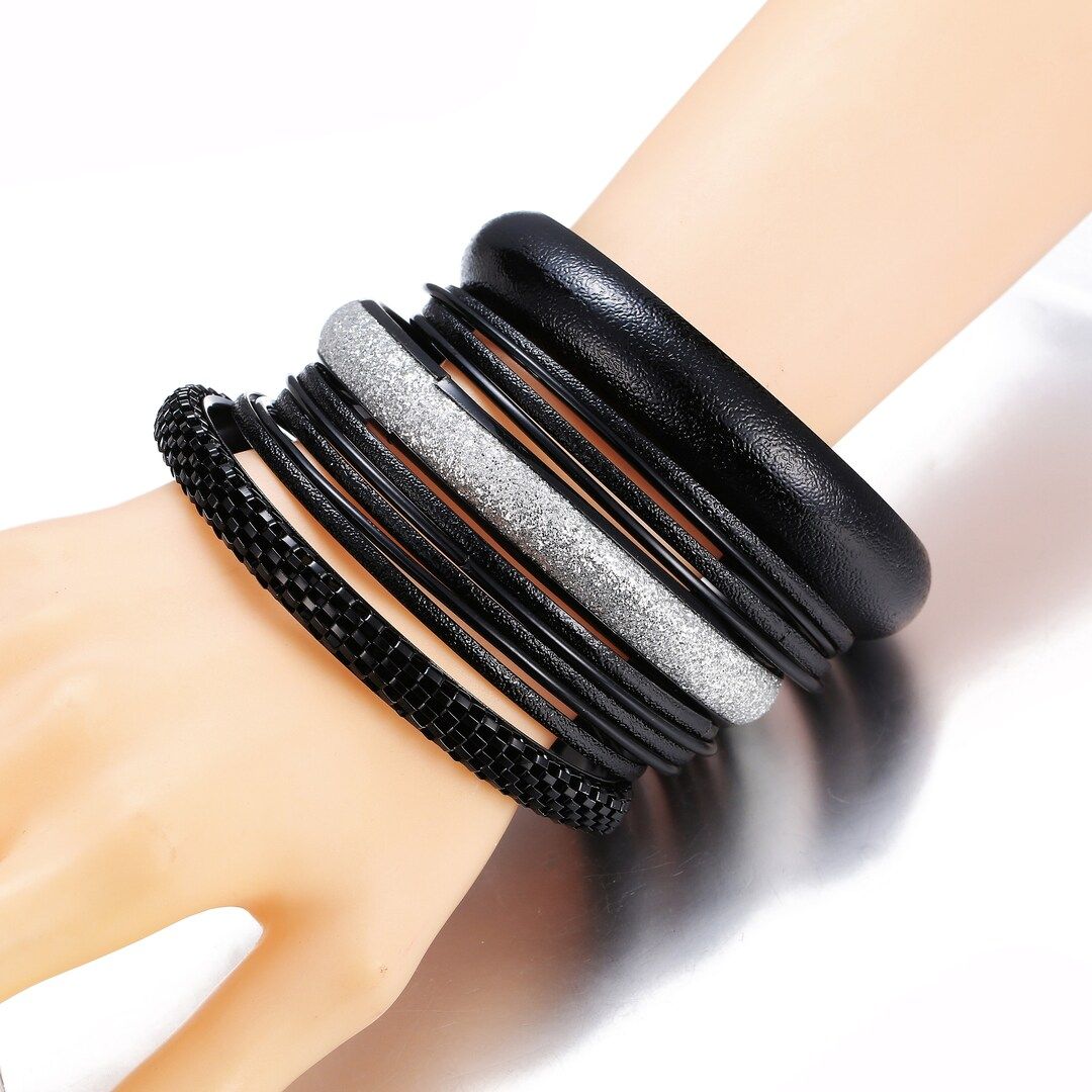 Multiple Trendy Metal Bangle Bracelets Set, 12Pcs/Set, Black Color W/Silver Glitter, Gift For Her | Etsy (US)