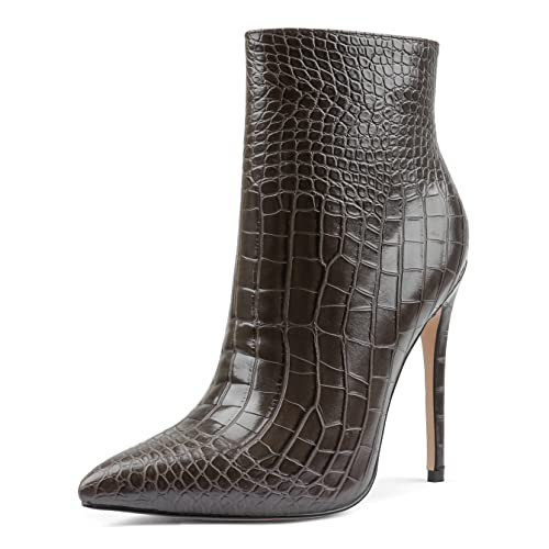 COLETER Women's Brown Faux Alligator Print Ankle Boots Closed Pointed Toe Stilettos Autumn Dress Booties Brown 10.5 US | Amazon (US)
