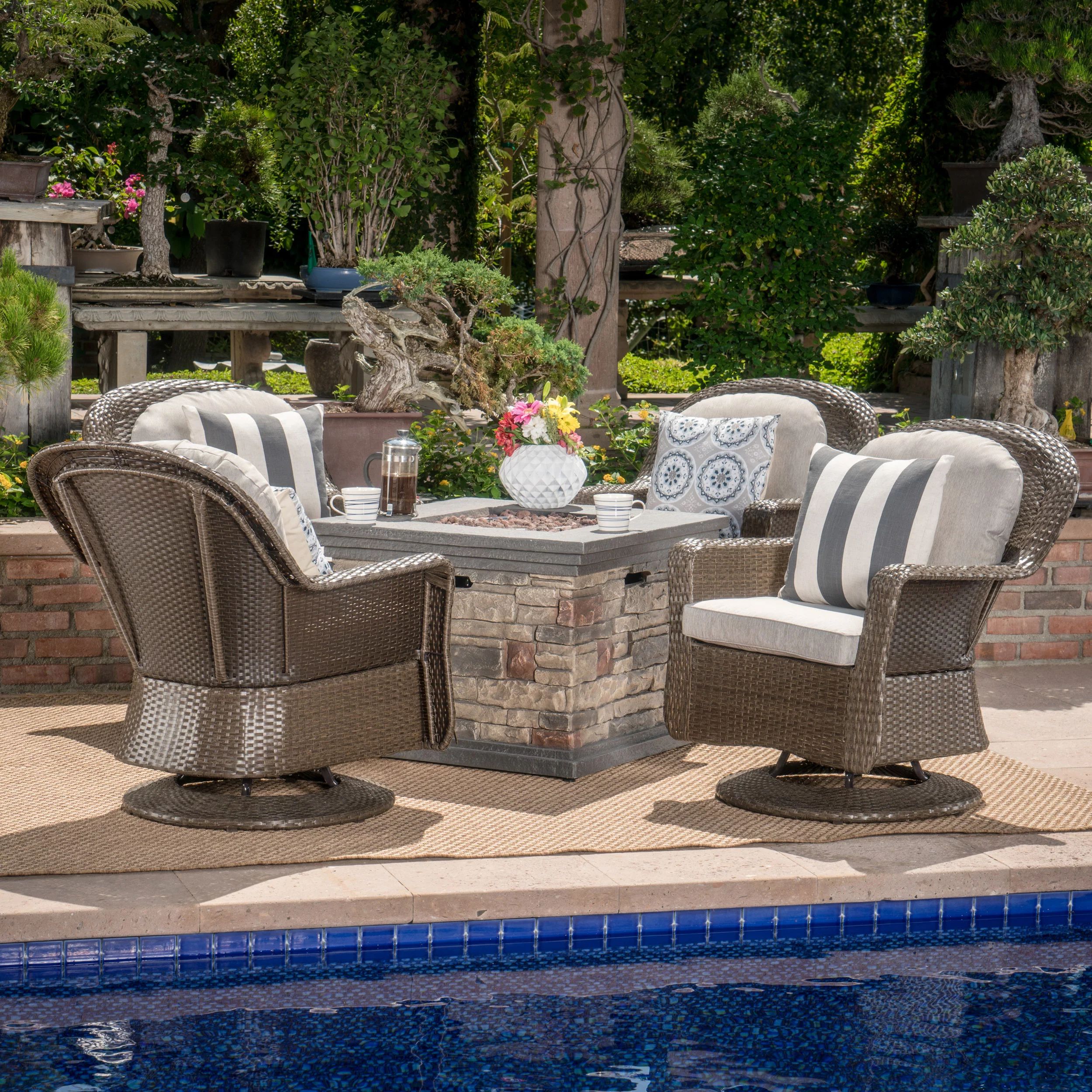 Alameda Outdoor 5 Piece Wicker Swivel Club Chairs with Gas Burning Fire Pit, Ceramic Gray | Walmart (US)