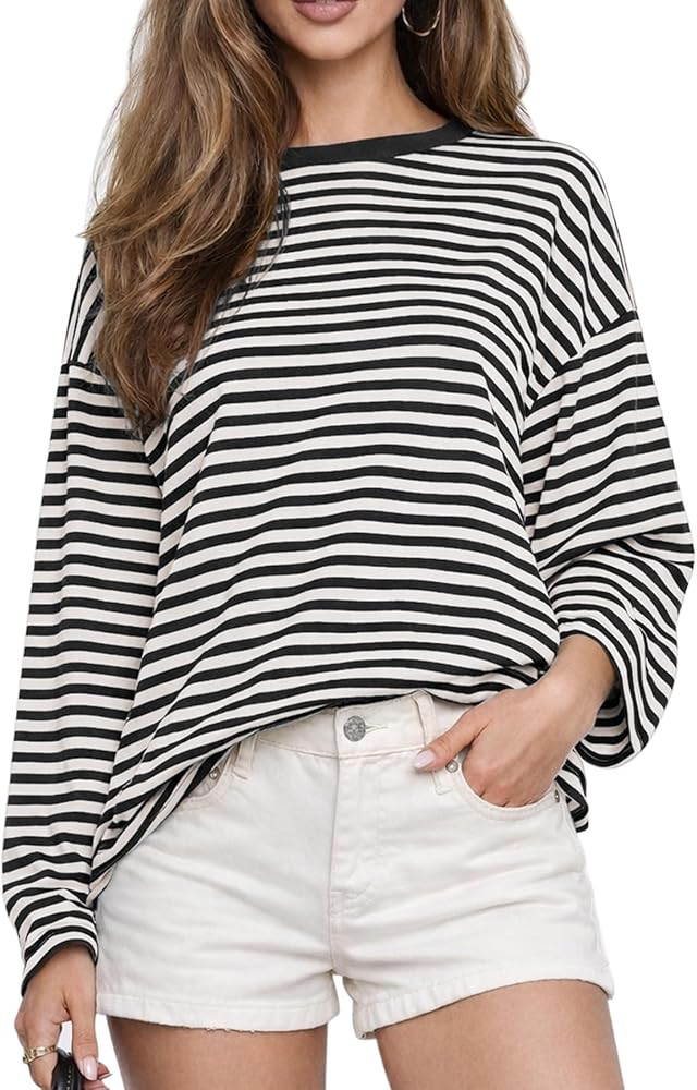CHYRII Womens Oversized Striped Long Sleeve T Shirt Casual Fall Tops | Amazon (US)
