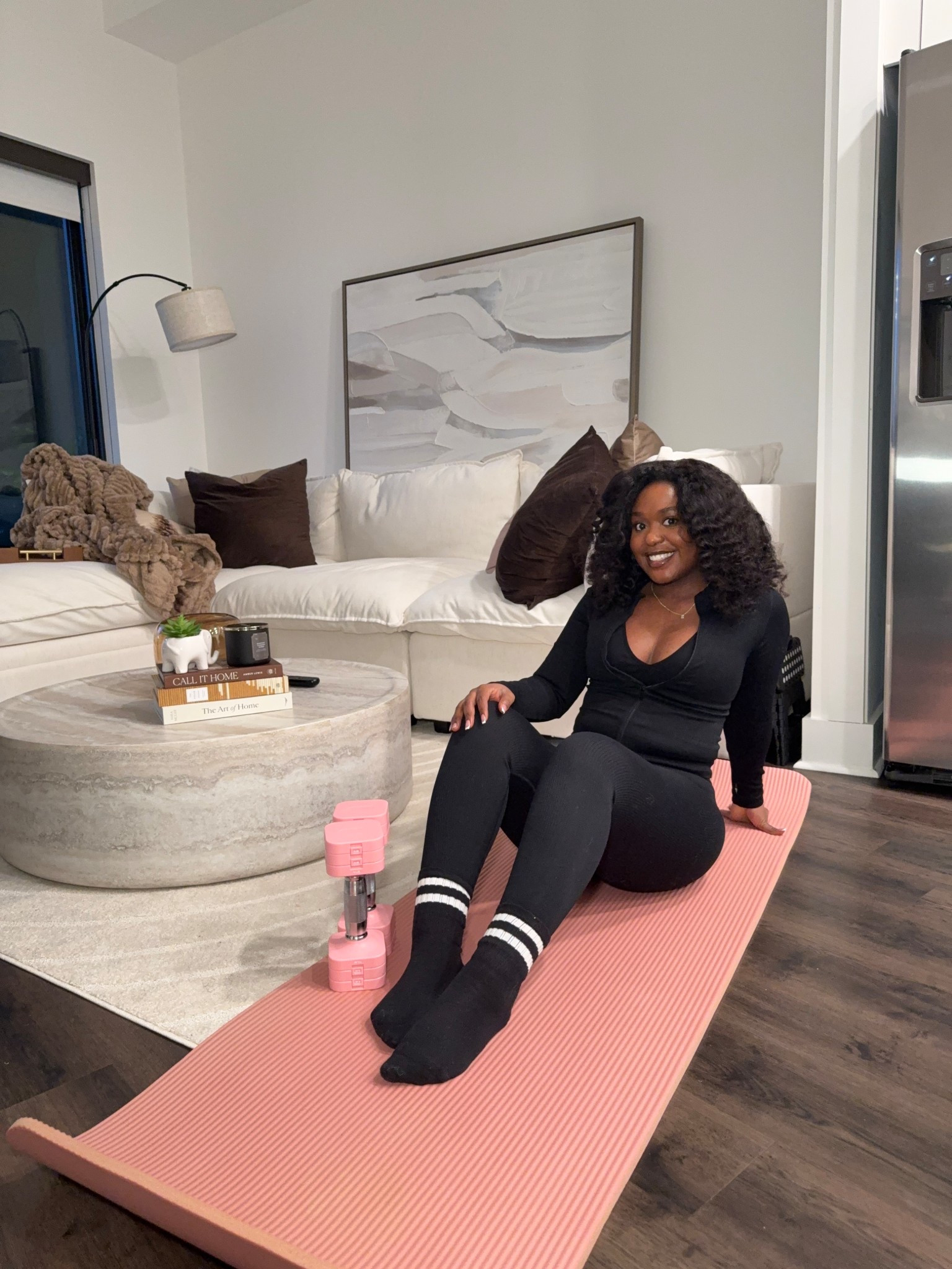 My at home workout essentials. 
Cute workout set, Dumbbells and a yoga mat. 

#LTKActive #LTKootd #LTKselfcare