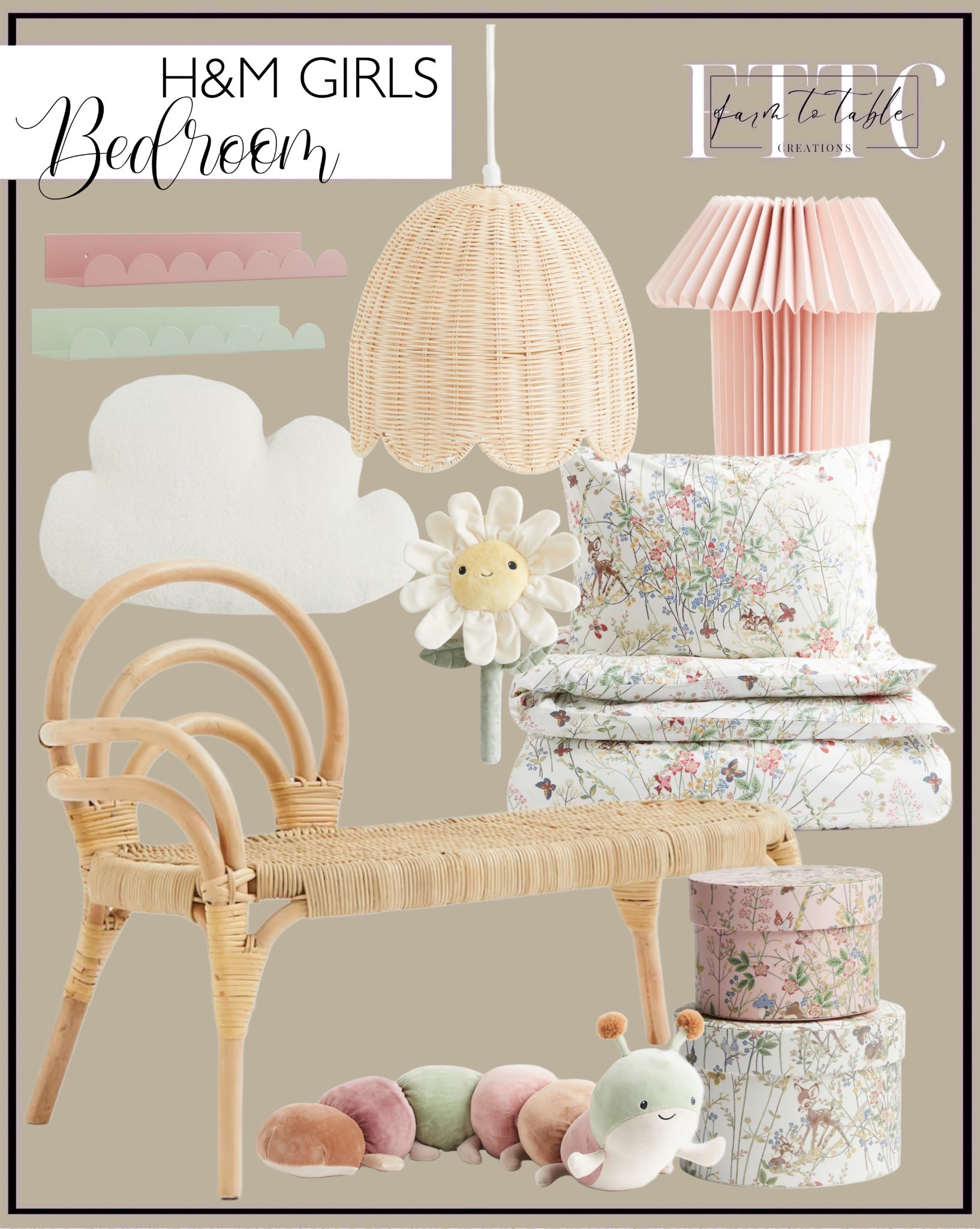 H&M Little Girls Bedroom Finds. Follow @farmtotablecreations on Instagram for more inspiration.

Patterned duvet cover set. Two piece storage box set. Scalloped Wall Shelf. Daisy Soft Toy. Caterpillar Soft Toy. Rattan Pendant Lamp. Rattan Chaise. Cloud Shaped Pillow. Pleated Table Lamp.

Girls Bedroom Finds | Spring Decor | Entryway Decor | Bedroom Furniture | nightstands | Home Decor| Fireplace Decor | Spring Refresh |  Bedroom Finds | Neutral Stems | Spring Stems | Bookshelf Decor | Bedroom Space | Cozy Corner | Bathroom | Curated Entryway | Spring  Decor | End of Year Clearance | Trending Decor | Viral Decor  | Coffee Table Decor | Neutral Decor | Stem Sale | Target Finds | Skinny Bench | Bedroom | Living Room | Breakfast Nook | Amazon Home | Target Sale | Loloi Rugs | Magnolia Home | console table | console table styling | faux stems | entryway space | front porch decor | neutral decor | entryway decor | cozy home | affordable decor |  home decor | home inspiration | console styling | entryway rug | cozy moody home | moody home decor | neutral home | bathroom decor | living room | spring decor | Hearth & Hand | Studio McGee | 2025 Home Trends | trending home | Crate&Barrel 

#LTKFindsUnder50 #LTKKids #LTKHome