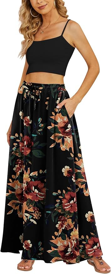 Yincro Women's Flowy Maxi Skirt Summer Pleated High Waisted Casual Long Skirts with Pockets | Amazon (US)