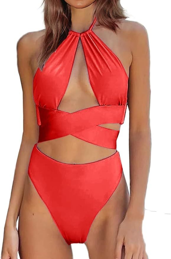 CHYRII Women's Sexy Criss Cross High Waisted Bikini Sets Halter Cutout Two Piece Swimsuit | Amazon (US)