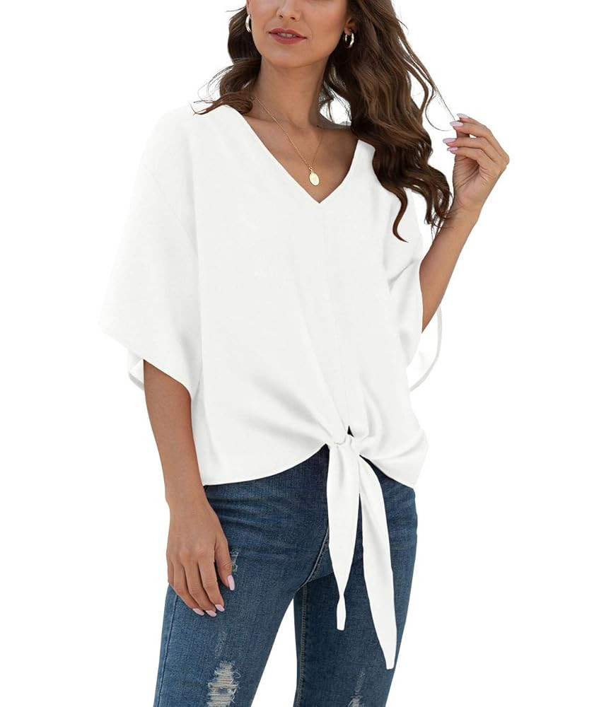 VIISHOW Womens Tie Front Chiffon Blouses V Neck Batwing Short Sleeve Summer Tops Shirts | Amazon (US)