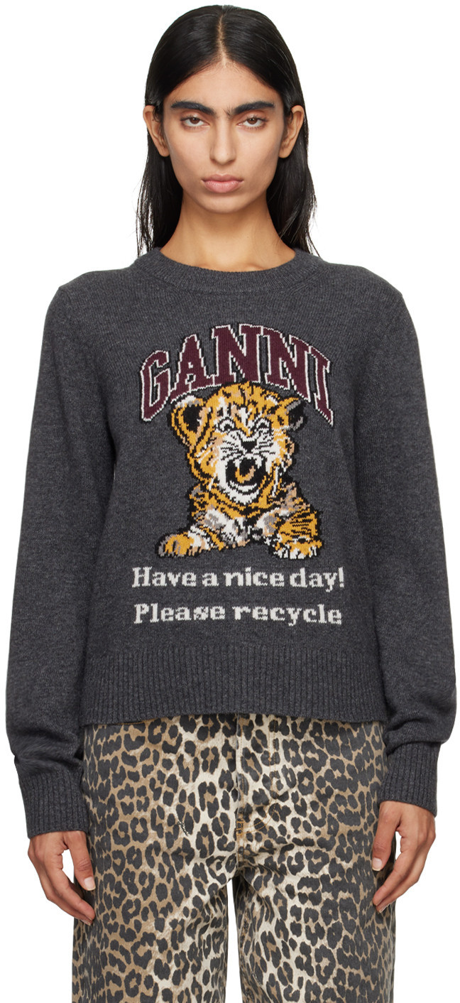 GANNI Gray Graphic Tiger Sweater | SSENSE
