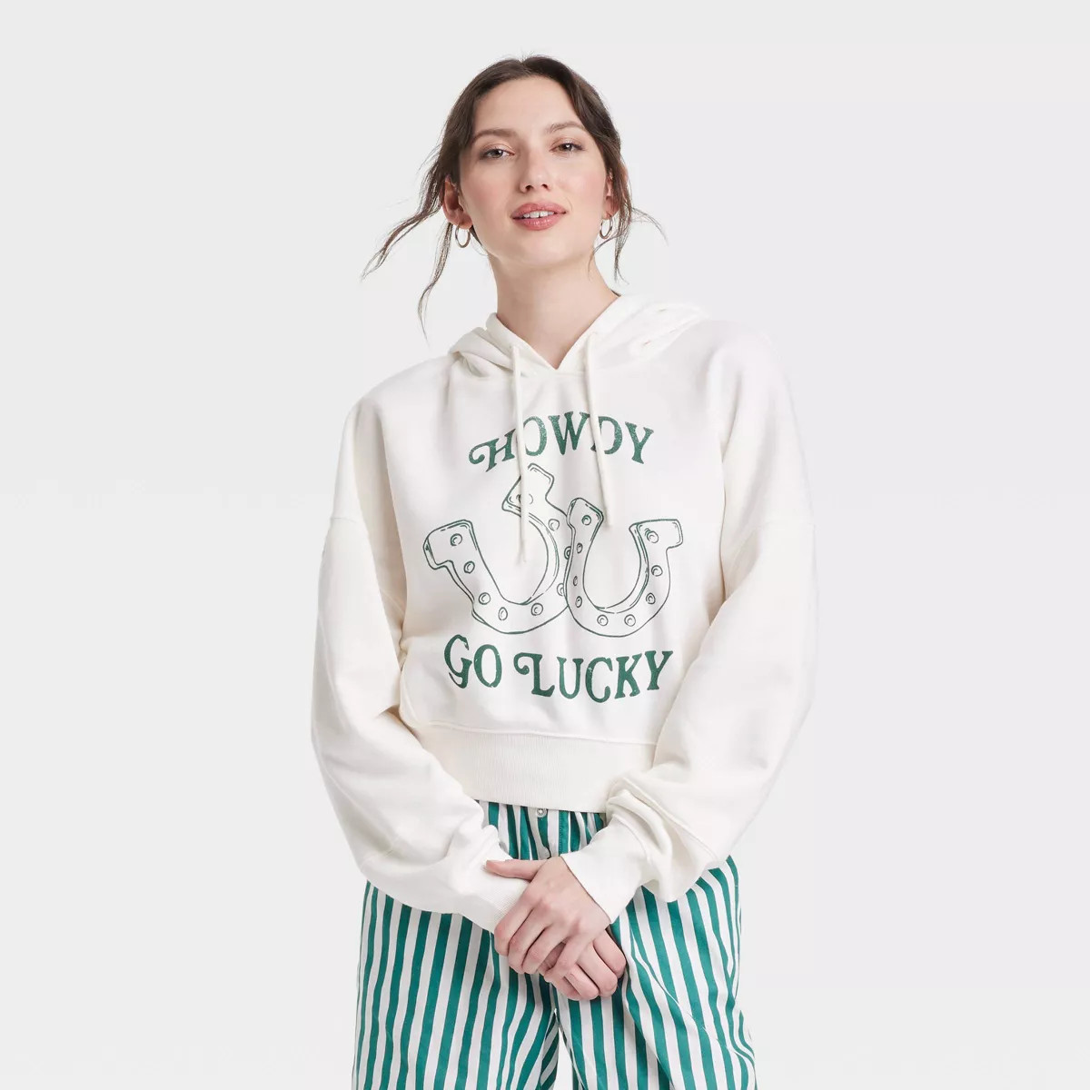 Women's St. Patrick's Day Howdy Go Lucky Graphic Hoodie Sweatshirt - White | Target