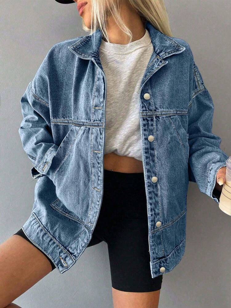 ZIRRA Women's Autumn Dropped Shoulder Long Sleeve Single-Breasted Casual Pocket Denim Jacket | SHEIN