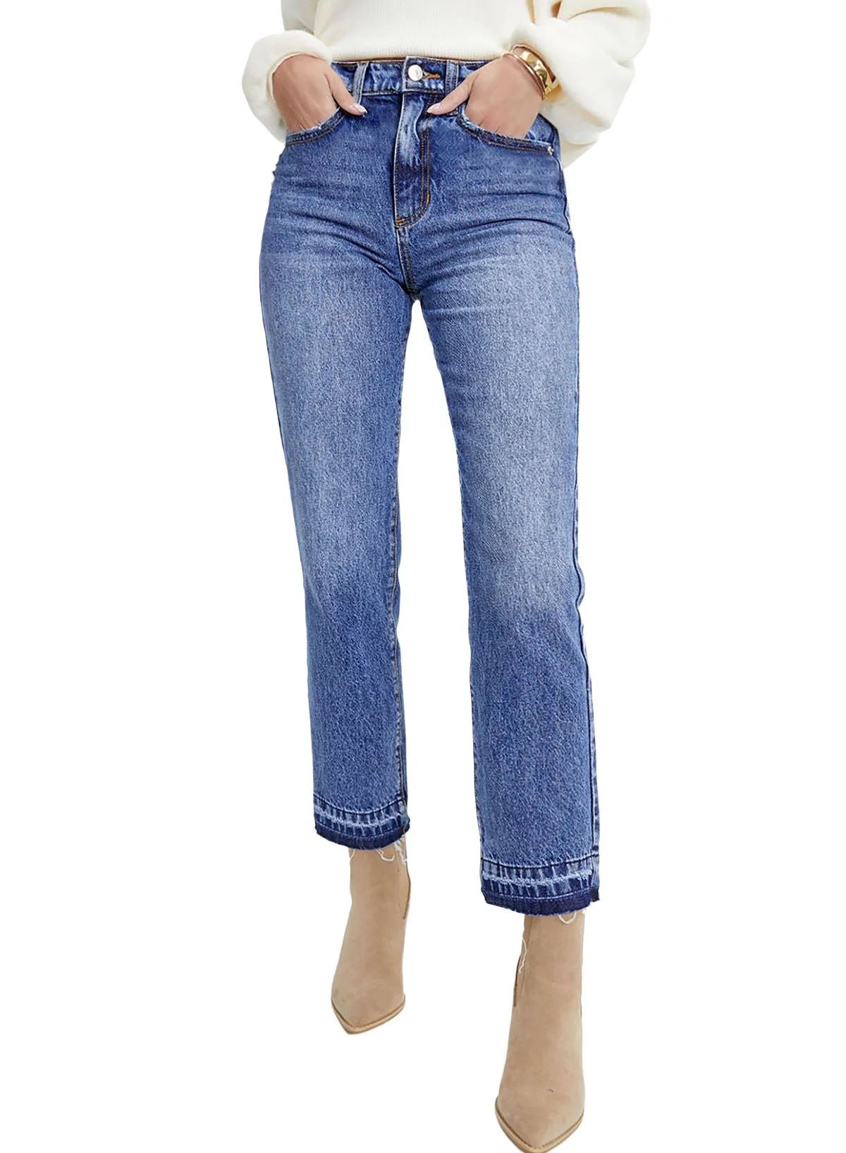 Dokotoo Cropped Jeans for Women High Waisted Frayed Hem Denim Pants Casual Straight Leg Stretchy ... | Walmart (US)